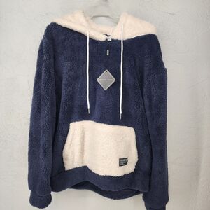 Navy Blue Cream Fleece Fuzzy Warm Pullover Hoodie Sweatshirt Size Medium NWT